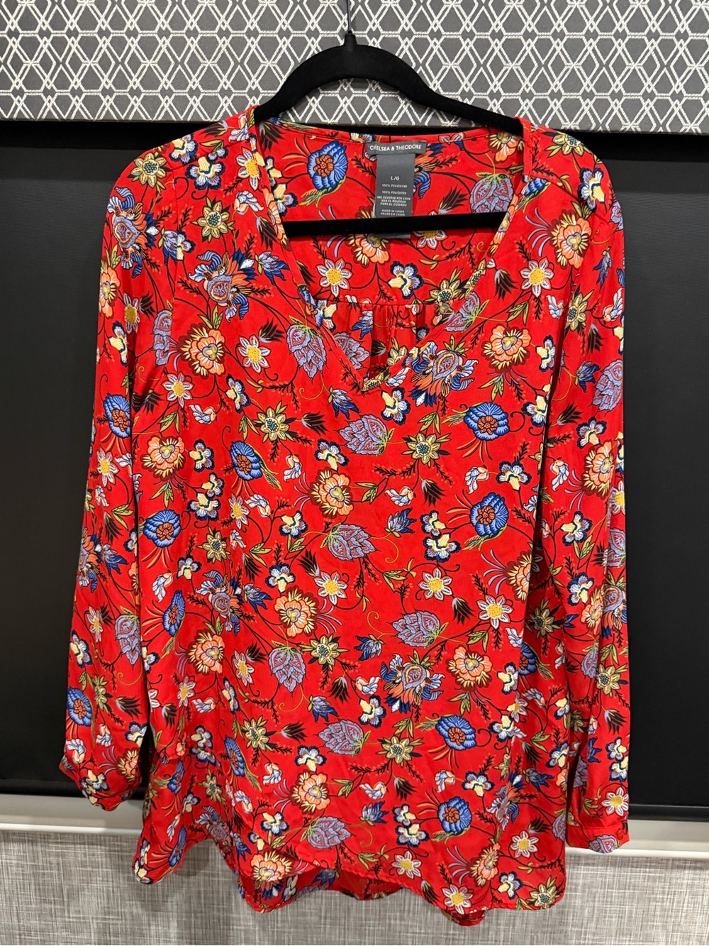 Chelsea & Theodore Bright Red Floral V-Neck Tunic